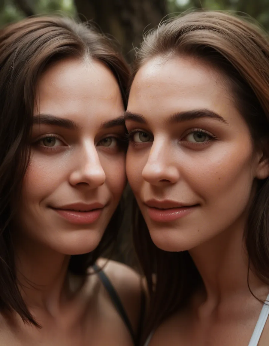 best quality, hyperrealistic, close-up, 2women, bondage, legs, tree, shy smile, score_9, score_8, candid photo, realistic skin texture, visible skin pores, film grain, depth of field