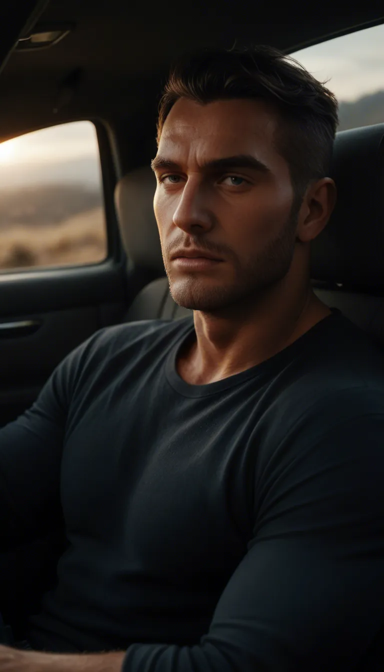 Shot from outside a closed car. Luce notturna. A man outside is looking into the car. Inside, on the back seat, a very muscular Black man is on top of a partially dressed woman with dark, wavy hair; they are having sex. The woman is looking at the man outside the car; she is really enjoying it.
