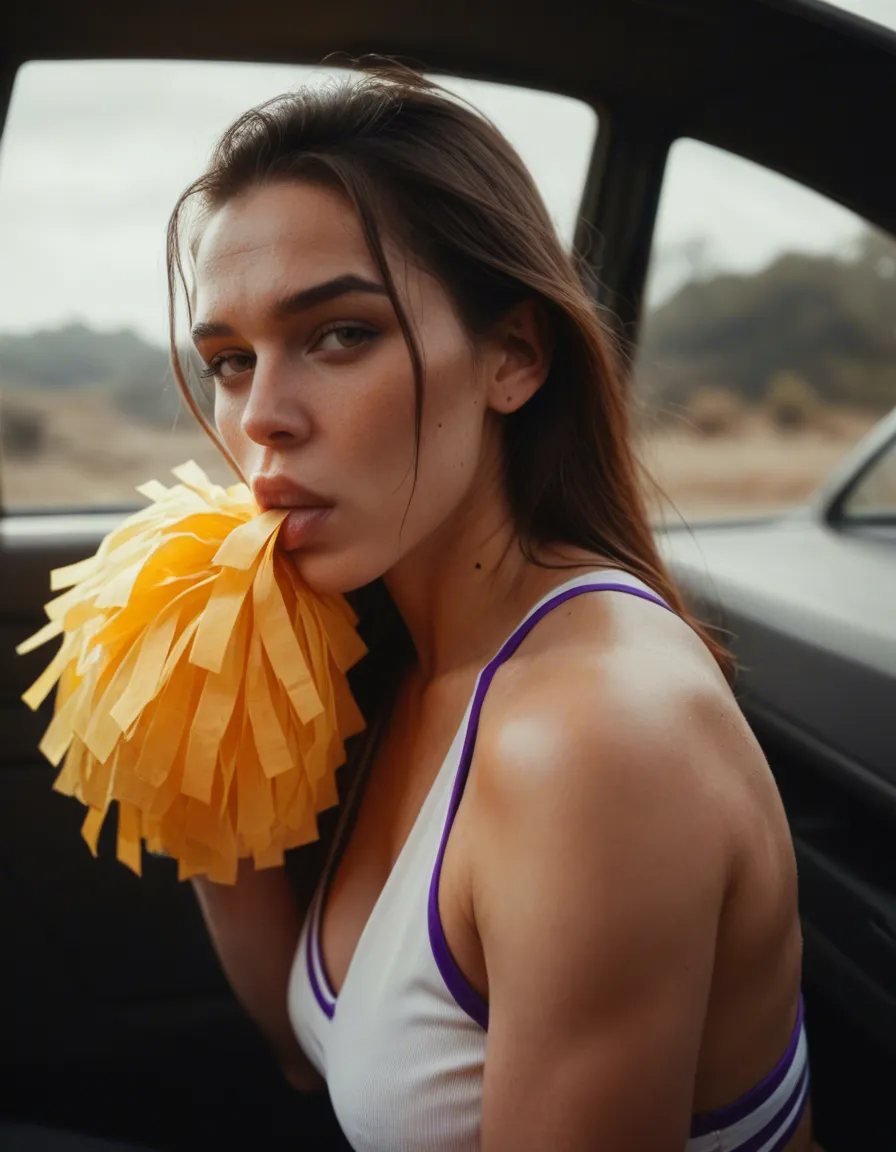 White girl in purple and gold cheerleader outfit sucking sick in a car, score_9, score_8, candid photo, realistic skin texture, visible skin pores, film grain, depth of field