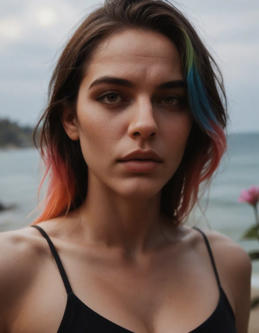 RAW photo, ultra realistic, 1boy, multicolored hair, flower, futanari, dslr quality, score_9, score_8, candid photo, realistic skin texture, visible skin pores, film grain, depth of field
