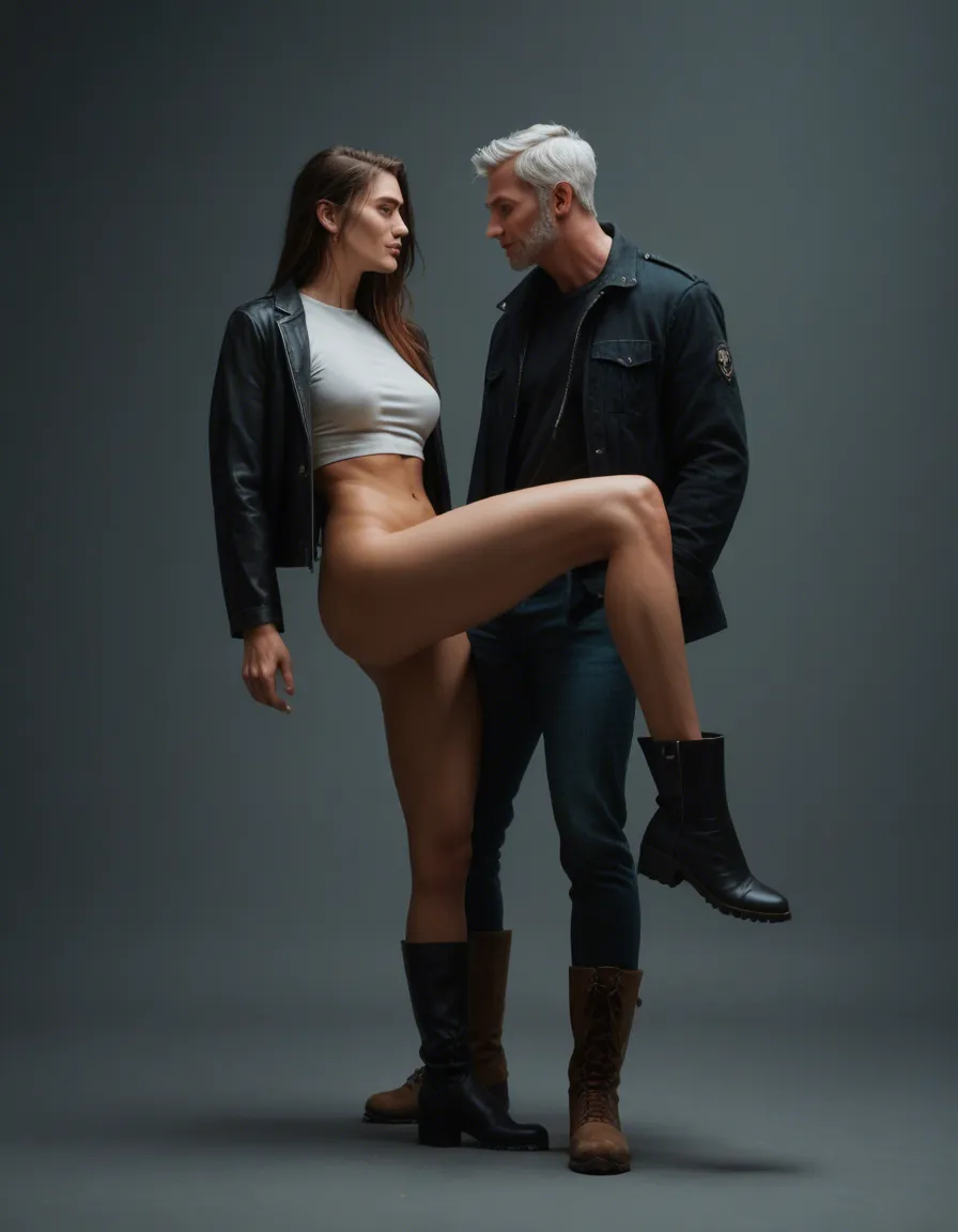 studio quality, sharp focus, couple, boots, leg up, lifelike render, score_9, score_8, candid photo, realistic skin texture, visible skin pores, film grain, depth of field