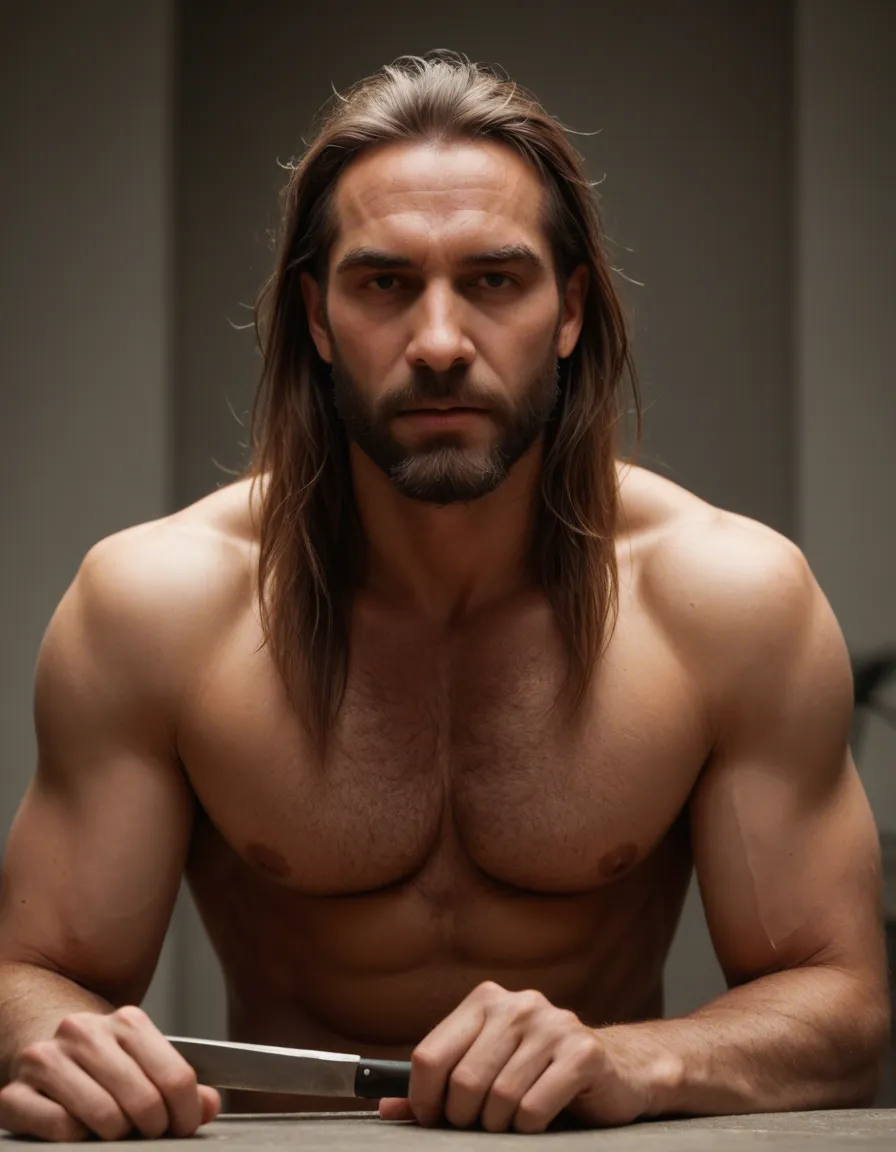 Realistic, dad bod, hairy, beard, man, nude, long blond hair, tools, score_9, score_8, candid photo, realistic skin texture, visible skin pores, film grain, depth of field