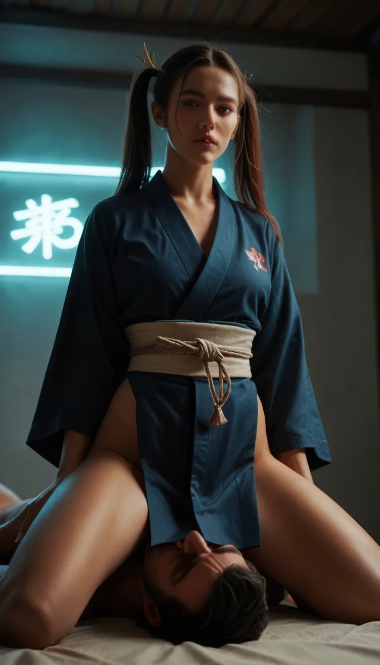 studio quality, sharp focus, princess, twintails, japanese clothes, facesitting, neon glow, cinematic realism