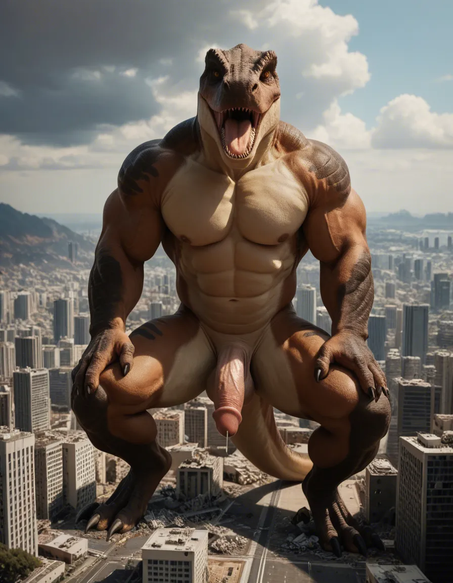Furry male, giant, dinosaur, dad body, muscular, giant_penis, giant_testicles, precum, roar, city, tiny_people, destruction,, score_9, score_8, candid photo, realistic skin texture, visible skin pores, film grain, depth of field