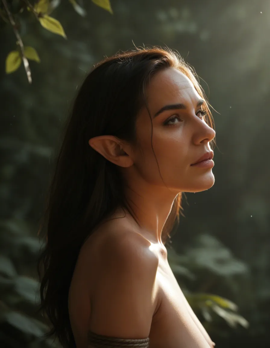highly detailed, natural lighting, side view, mature female, bondage, pointy ears, photorealistic, score_9, score_8, candid photo, realistic skin texture, visible skin pores, film grain, depth of field