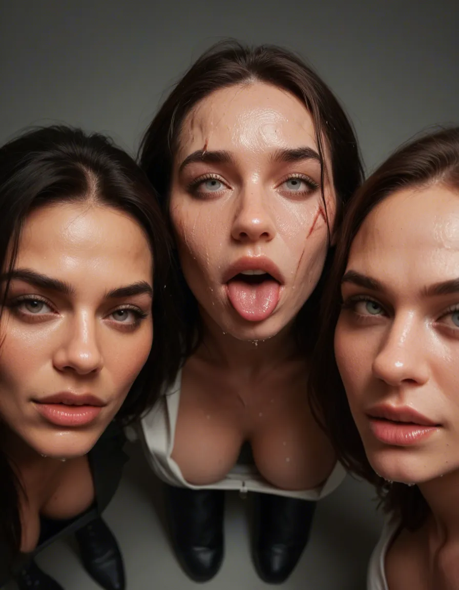 professional photo, high detail, 4women, scar, boots, wet skin, ahegao, simple background, from above, RAW photo, score_9, score_8, candid photo, realistic skin texture, visible skin pores, film grain, depth of field