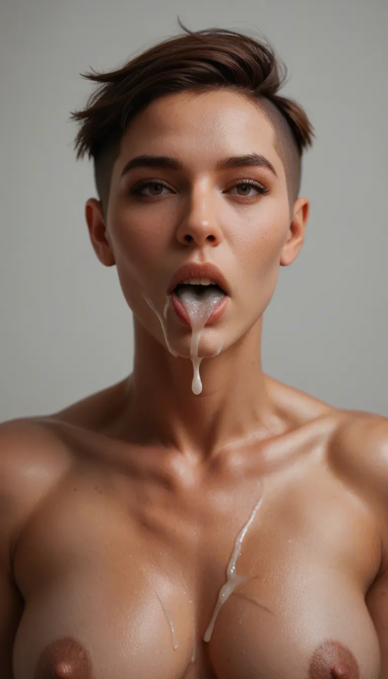 Muscular asian with pixie cut happily surprised by huge cum in mouth