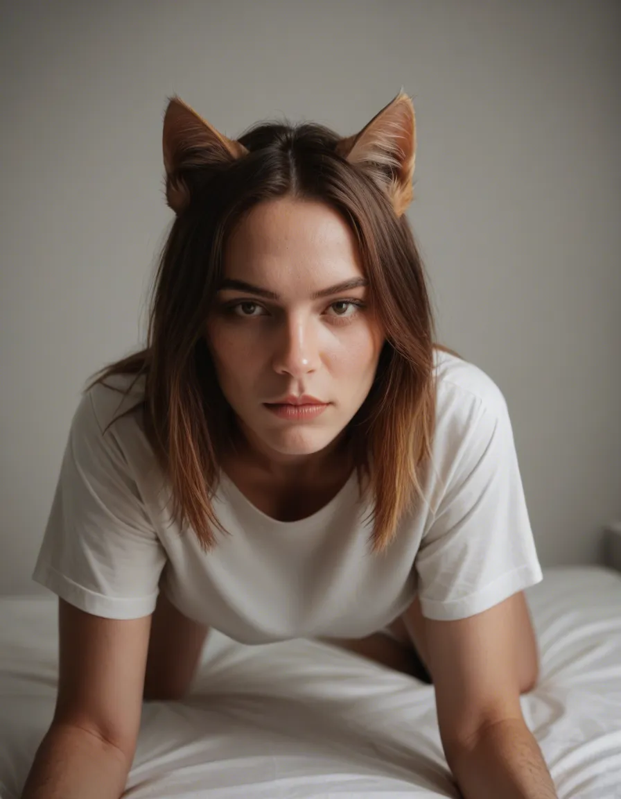 dslr, film grain, photorealistic, catgirl, hourglass figure, white shirt, on all fours, studio photo, score_9, score_8, candid photo, realistic skin texture, visible skin pores, film grain, depth of field