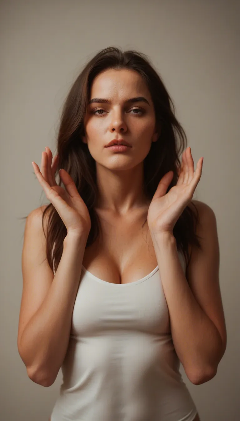 sharp focus, 8k uhd, brunette woman, presenting, hands up, relaxed mood, hyperrealistic