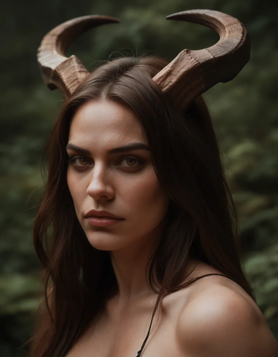 dslr, film grain, photorealistic, witch, horns, futanari, golden hour, hyperrealistic, score_9, score_8, candid photo, realistic skin texture, visible skin pores, film grain, depth of field