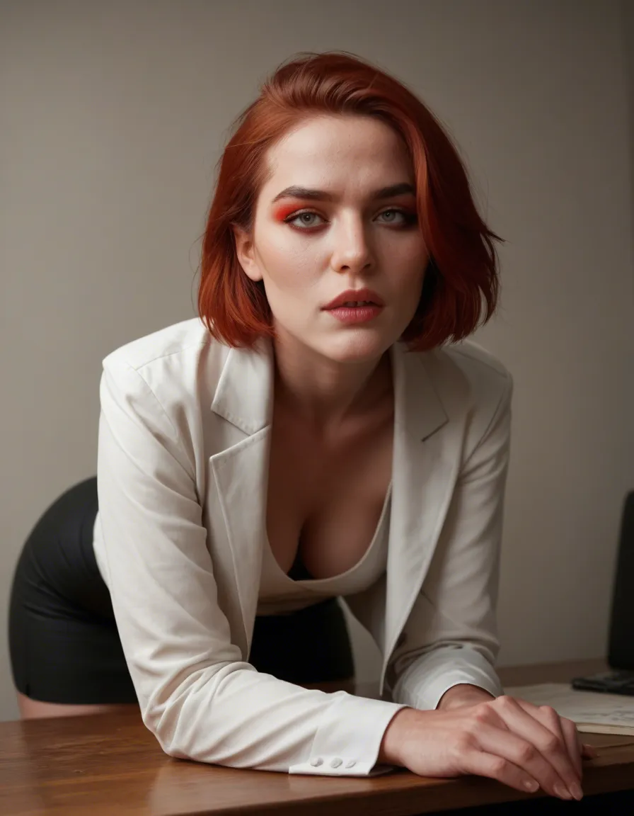 45 years old secretary, short red hair and dark roots. Brow eyes. . Makeup . White jacket blu skirt with pois. Fucked doggystyle  roughly  on her desk score_9, score_8, candid photo, realistic skin texture, visible skin pores, film grain, depth of field, score_9, score_8, candid photo, realistic skin texture, visible skin pores, film grain, depth of field, score_9, score_8, candid photo, realistic skin texture, visible skin pores, film grain, depth of field, score_9, score_8, amateur photo, phone snapshot, realistic skin texture, skin blemishes, soft indoor lighting, score_9, score_8, amateur photo, phone snapshot, realistic skin texture, skin blemishes, soft indoor lighting, score_9, score_8, candid photo, realistic skin texture, visible skin pores, film grain, depth of field