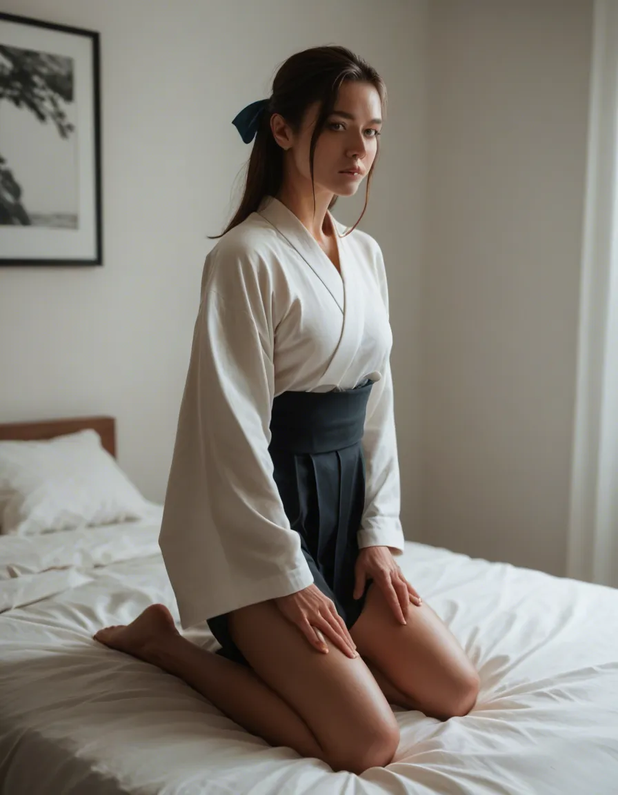 dslr, film grain, photorealistic, japanese_clothes woman, hair ribbon, clothes_lift , kneeling on bed, hyperrealistic, score_9, score_8, candid photo, realistic skin texture, visible skin pores, film grain, depth of field