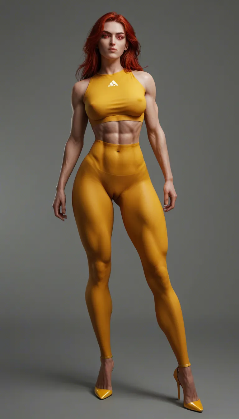 , red_hair long, red eyed super thick_thighs,toned, small waist, yellow leggings, legs spread, black and yellow high heels, rubbing pussy