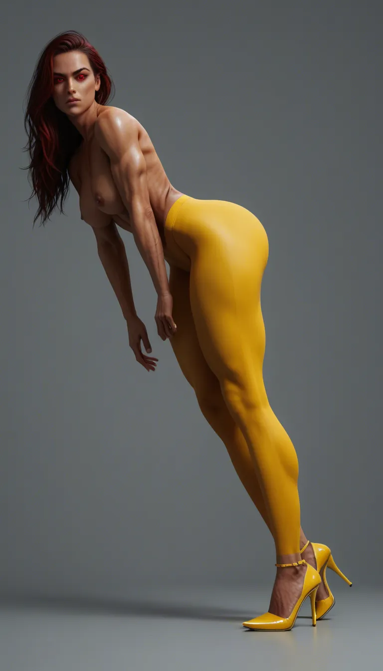 , red_hair long, red eyed super thick_thighs,toned, yellow leggings, bent_over , black and yellow high heels, rubbing pussy