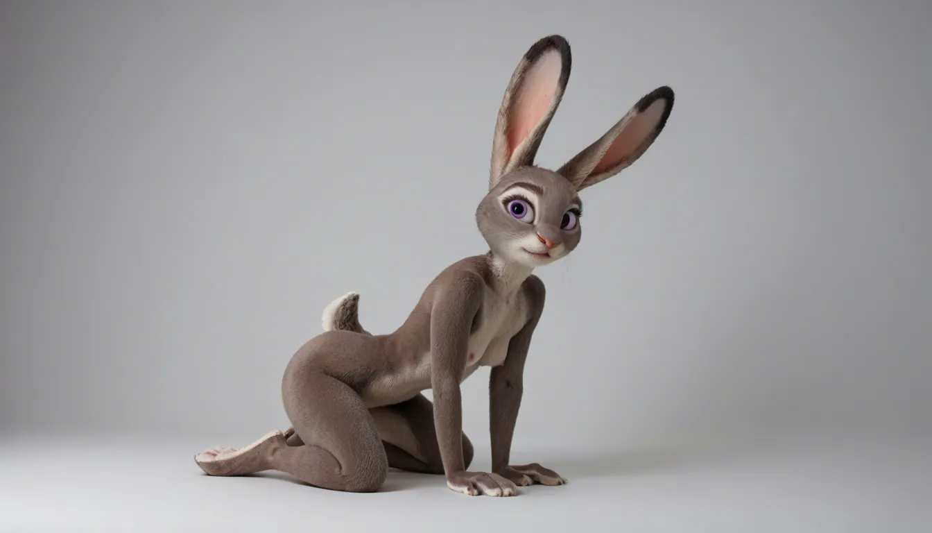 Judy Hopps Zootopia completely nude, anthropomorphic rabbit, purple eyes long ears, full body covered in soft fur, tall attractive body, nice medium-large furry breasts with hard nipples, extremely tiny waist, thick juicy round furry ass stuck up high, thick thighs, long legs, on all fours on a bed, a human man fucking her hard from behind in doggy style, deep thrusts, detailed pink pussy and asshole visible, ass jiggle, body shake, breast bounce, dynamic camera, explicit rough sex, detailed fur texture, no human skin, smooth motion, 8k
