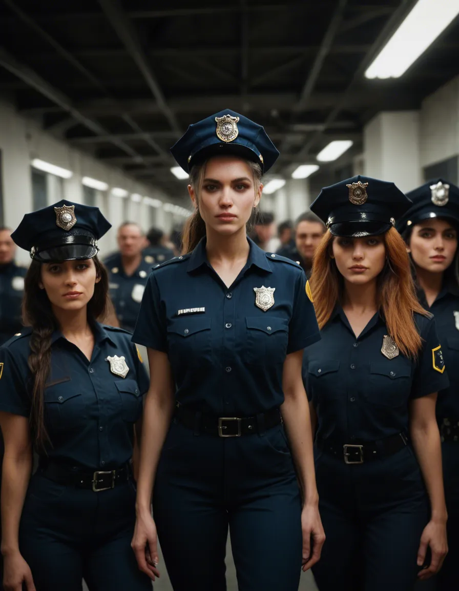 RAW photo, ultra realistic, 5women, nudes, mixed bodies, mixed hairstyles, Lineup, Police station, score_9, score_8, candid photo, realistic skin texture, visible skin pores, film grain, depth of field