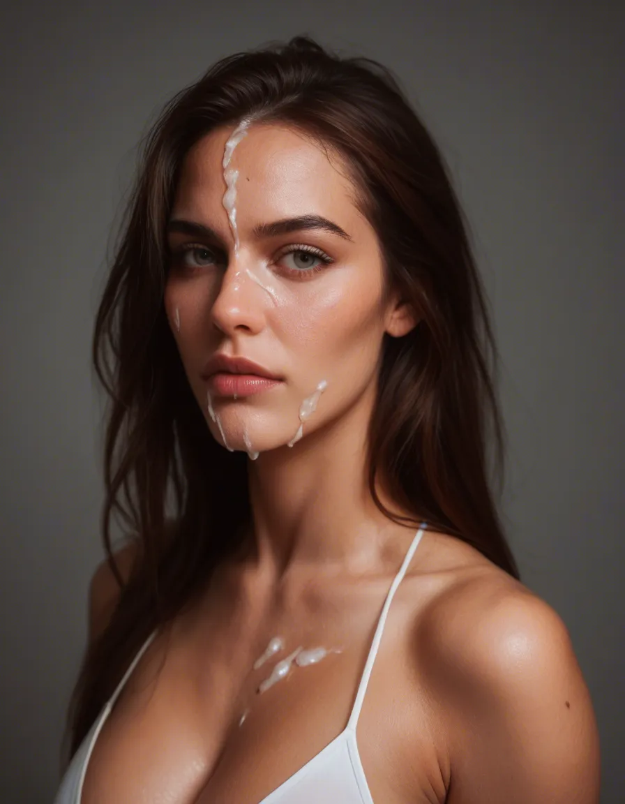 Hyperrealistic busty Lebanese cum facial, score_9, score_8, candid photo, realistic skin texture, visible skin pores, film grain, depth of field