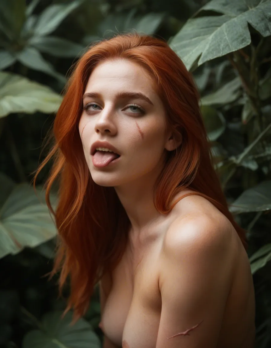 best quality, hyperrealistic, redhead woman, scar, tail, ahegao, plant, golden hour, studio photo, score_9, score_8, candid photo, realistic skin texture, visible skin pores, film grain, depth of field