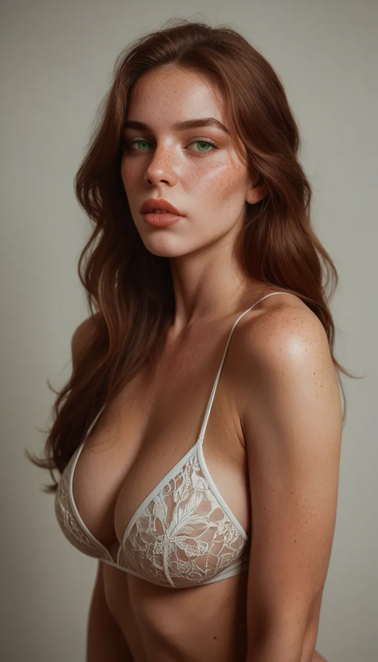 Cleo, a 58-year-old beautiful woman of French origin. Thin, not very tall, long brown hair tied, freckles, green eyes, luscious lips, firm breasts. She likes to be very comfortable in her old vintage jeans very low waist, a white shirt, bare feet. She undresses in her Parisian studio