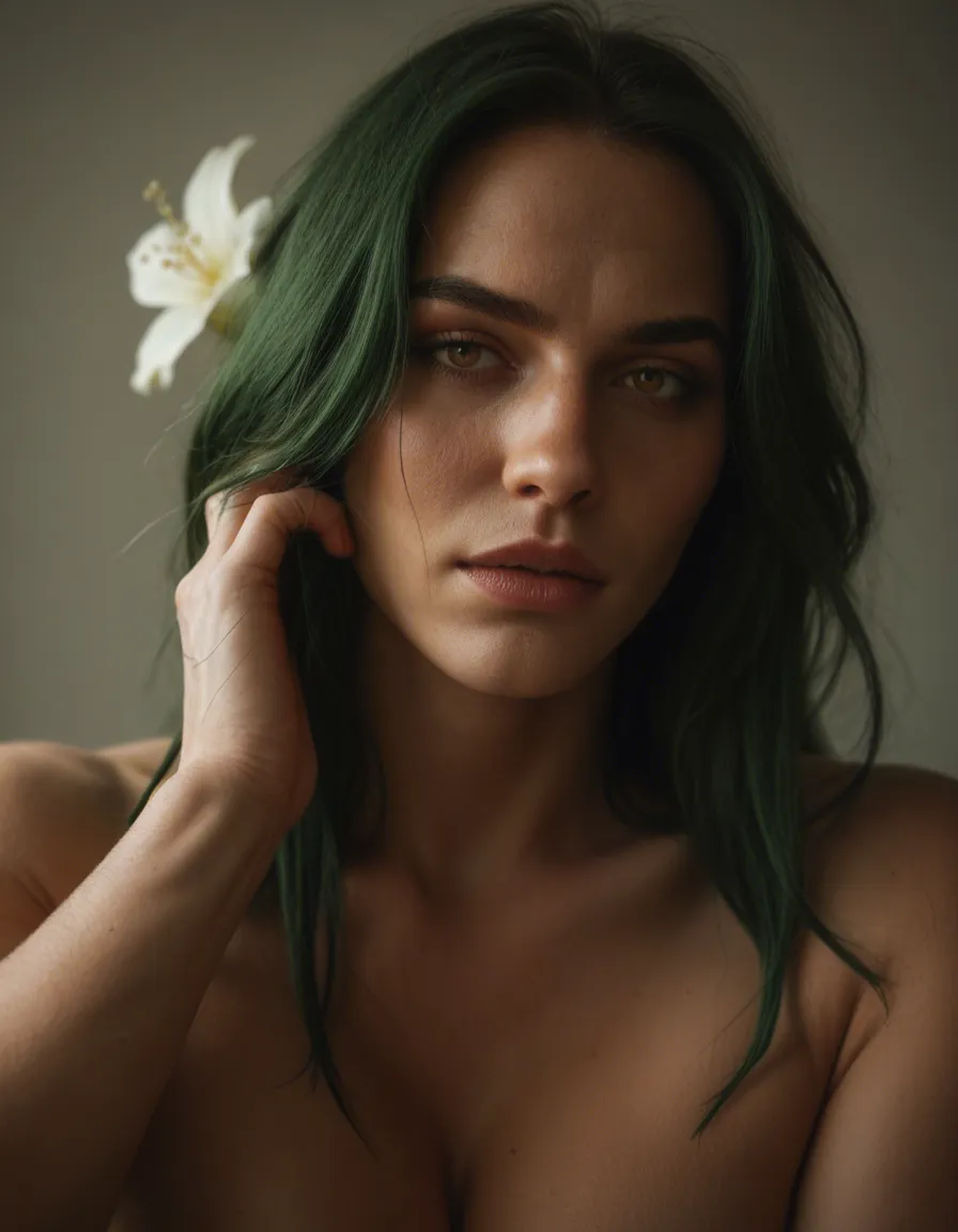 sharp focus, 8k uhd, succubus, green hair, flower, creampie, RAW photo, score_9, score_8, amateur photo, phone snapshot, realistic skin texture, skin blemishes, soft indoor lighting