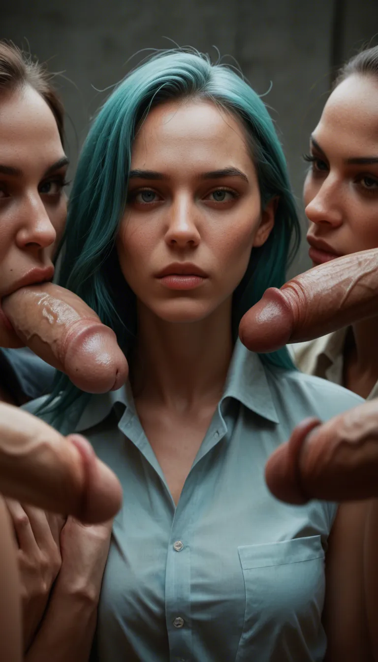 8k, sharp focus, detailed skin, 5women, aqua hair, collared shirt, futanari, lifelike render