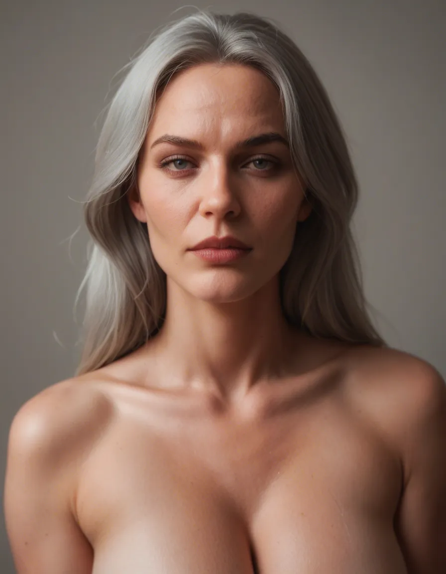 Mature huge titted lady with gray hair jizzed all over, score_9, score_8, candid photo, realistic skin texture, visible skin pores, film grain, depth of field