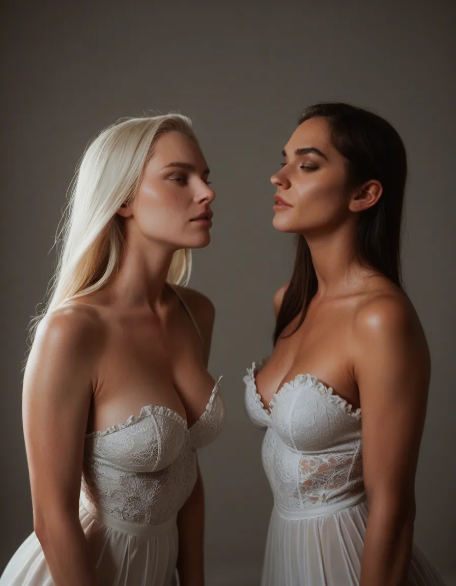 studio quality, sharp focus, 2girls, blunt bangs, frills, futanari, ambient glow, RAW photo, score_9, score_8, candid photo, realistic skin texture, visible skin pores, film grain, depth of field