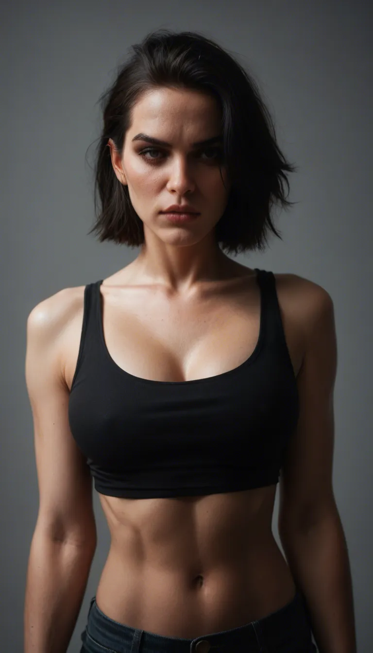 best quality, hyperrealistic, mature female, petite adult emo style woman, she is taking off her black tank top to show off her breasts