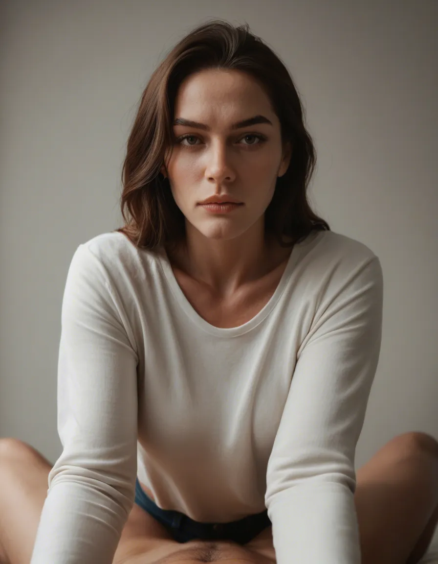 dslr, film grain, photorealistic, solo female, toned body, long sleeves, over the shoulder glance, futanari, simple background, POV, RAW photo, score_9, score_8, candid photo, realistic skin texture, visible skin pores, film grain, depth of field