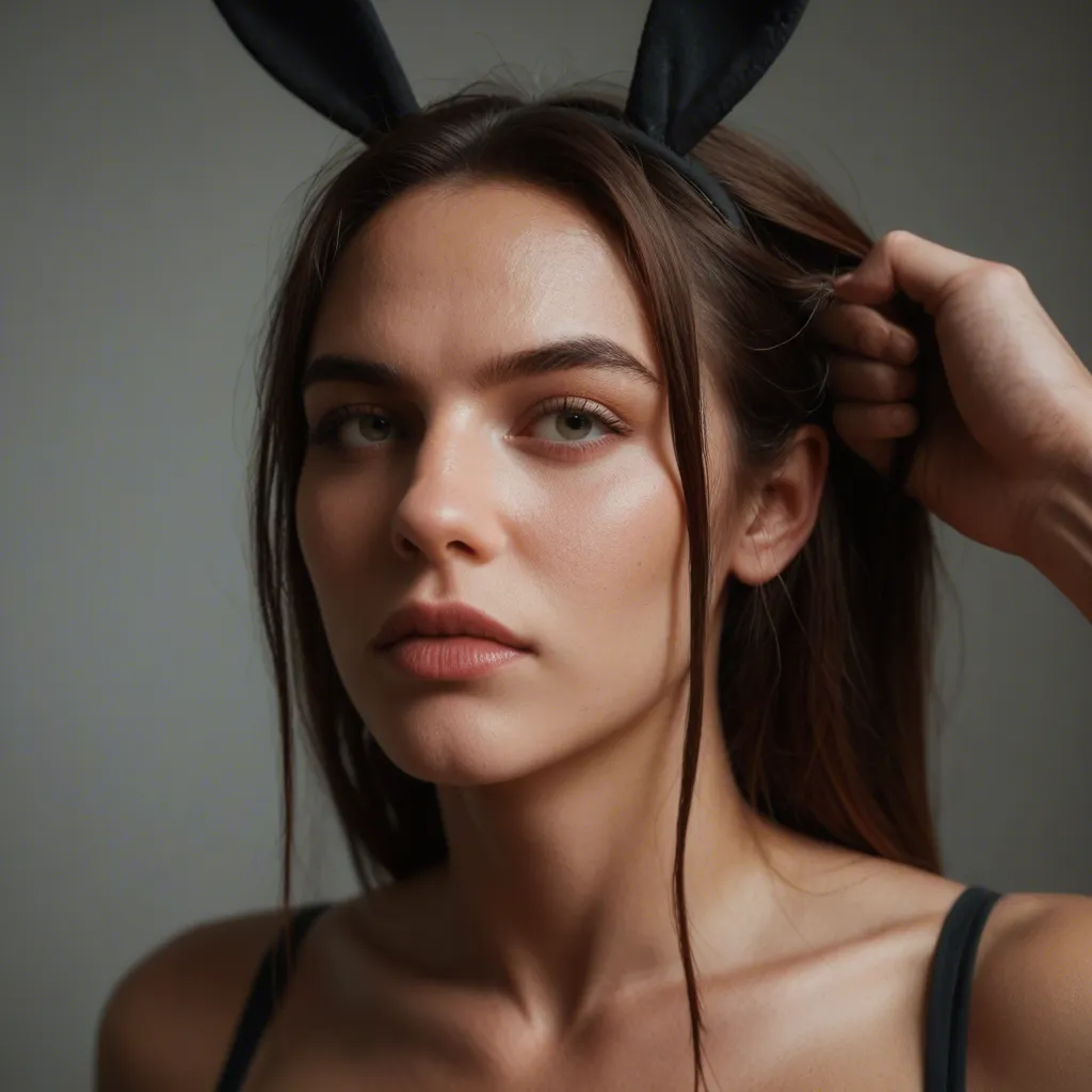 cinematic photo, 8k, 1woman, hair pull, fake animal ears, natural skin texture