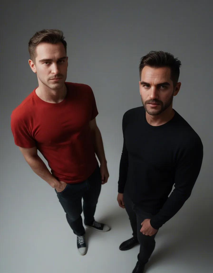 ultra HD, lifelike, from above, 2boys, presenting, standing, simple background, hyperrealistic, score_9, score_8, candid photo, realistic skin texture, visible skin pores, film grain, depth of field
