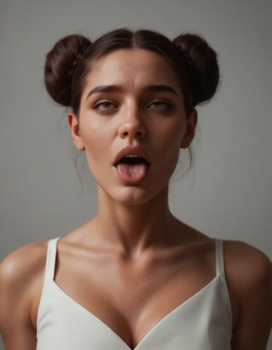 best quality, hyperrealistic, solo, double bun, dress, ahegao, natural skin texture, score_9, score_8, candid photo, realistic skin texture, visible skin pores, film grain, depth of field
