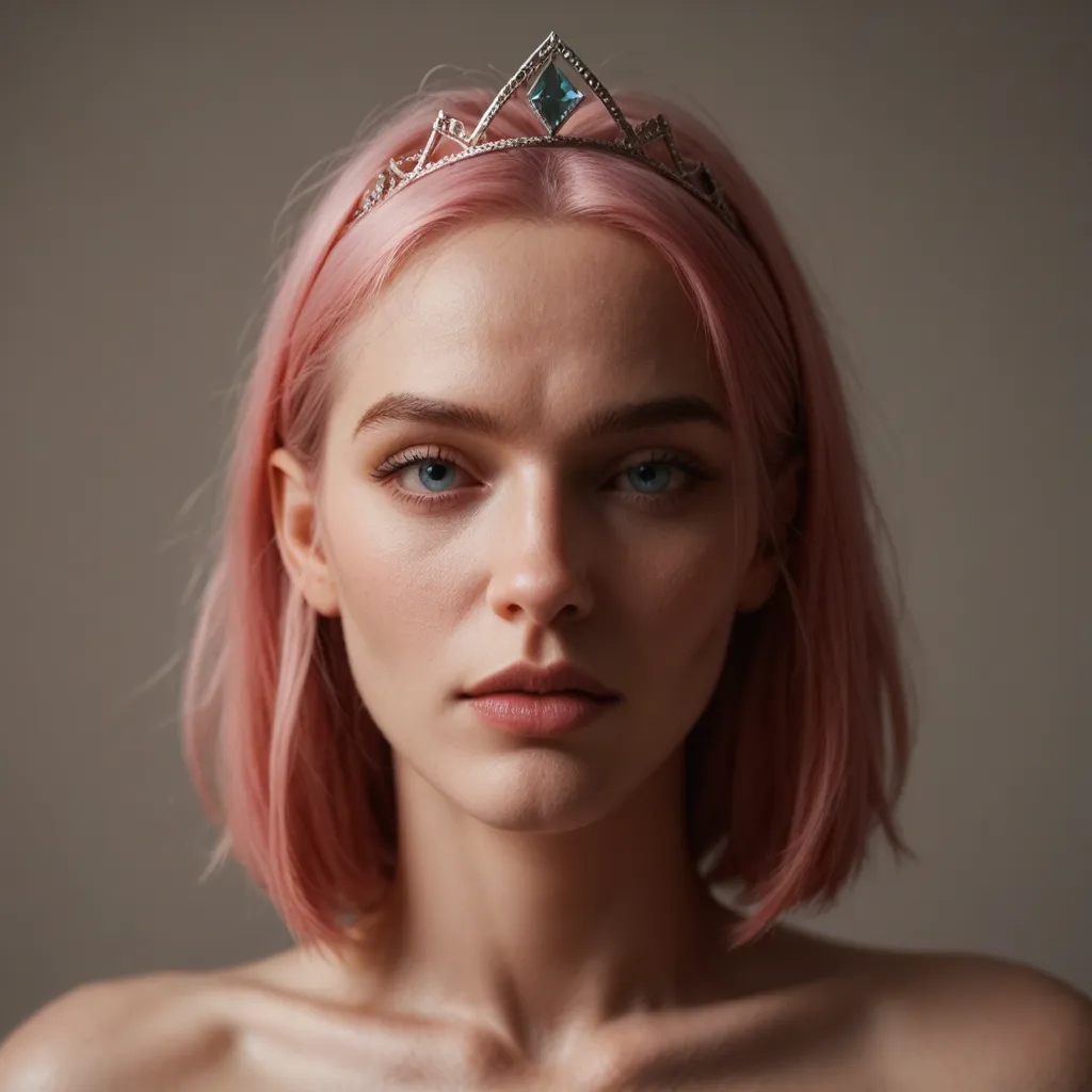 Macromastia, (bright pink bob haircut with bangs), tiara, (very pale skin), (hair tuck behind ears), (blue eyes), (super thin face), (small almond eyes), (renaissance farmgirl dress), macromastia, very very  {sad|happy|crying|Surprised|scared|crazy|embarassed|hurt|disgusted|drunk|screaming|crosseyed}, (dark barn floor with hay), (eye contact with viewer), super realistic portrait, (((nsfw))), anatomically correct, realistic photograph, detailed face, realistic eyes, beautiful, sharp focus, realistic lighting, incredibly realistic, great attention to skin and eyes,  (holding her naked super huge breasts), (on her back)