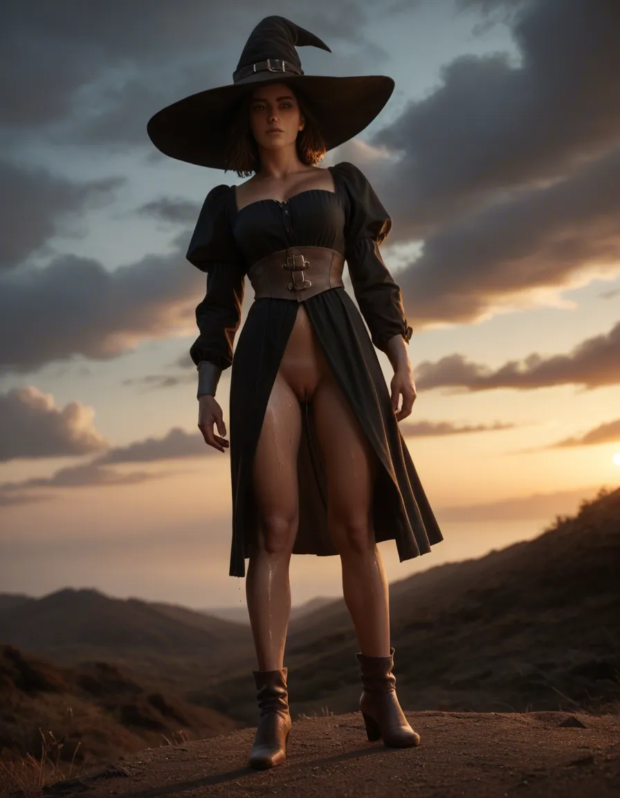 highly detailed, natural lighting, witch, brown footwear, puffy sleeves, wet pussy, cloudy sky, dutch angle, golden hour, lifelike render, score_9, score_8, candid photo, realistic skin texture, visible skin pores, film grain, depth of field