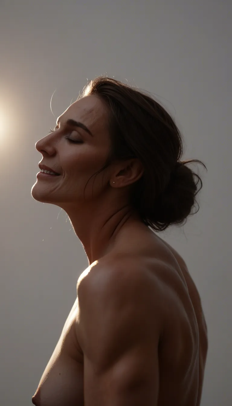 cinematic photo, 8k, side view, milf, moaning, muscular male, white background, shy smile, hyperrealistic