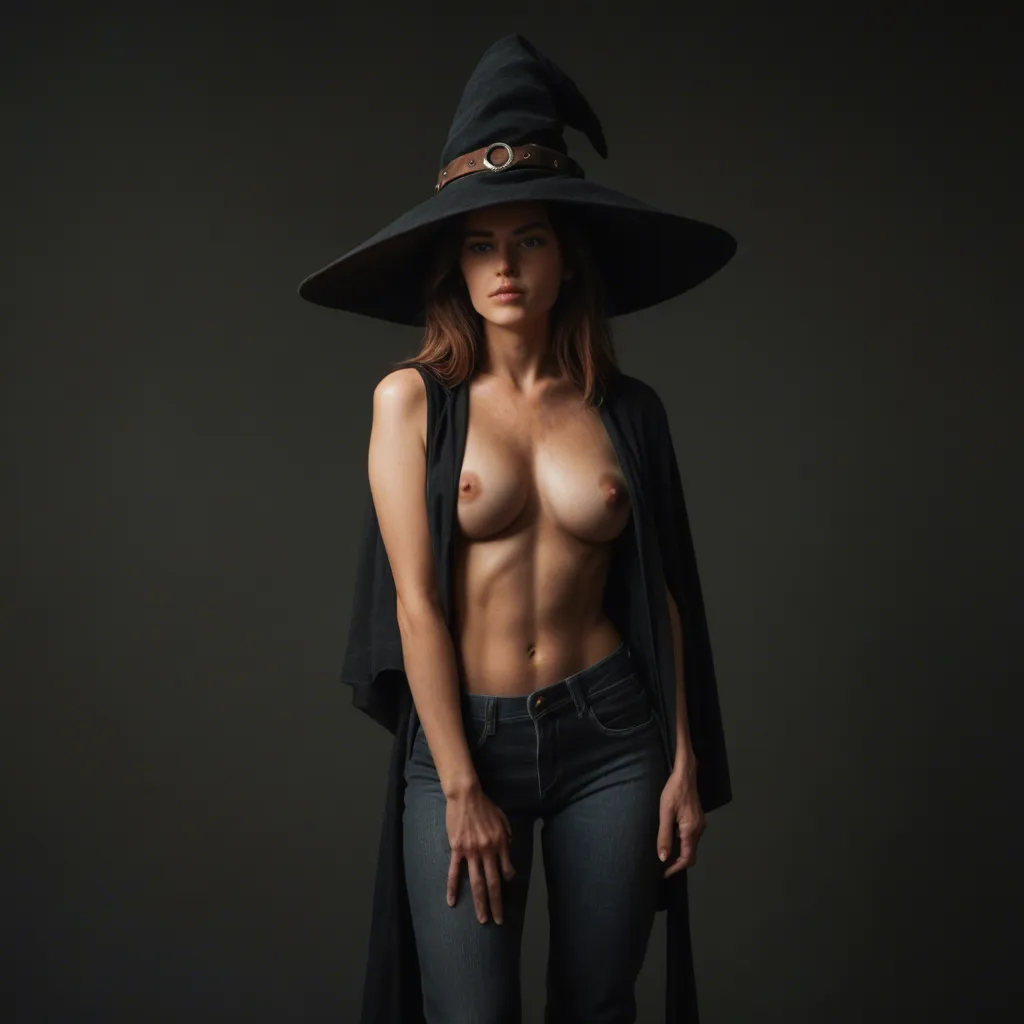 8k, sharp focus, detailed skin, witch, bare legs, pants, slow turn, stripping, portrait, cool tones, studio photo