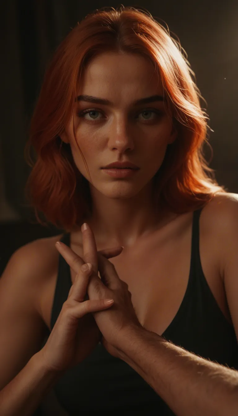 movie still, sharp focus, redhead woman, holding hands, socks, fingering, ambient glow, cinematic still