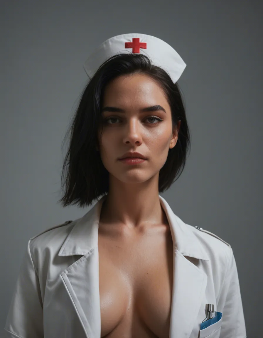 best quality, hyperrealistic, nurse, black hair, jacket, fully nude, score_9, score_8, candid photo, realistic skin texture, visible skin pores, film grain, depth of field