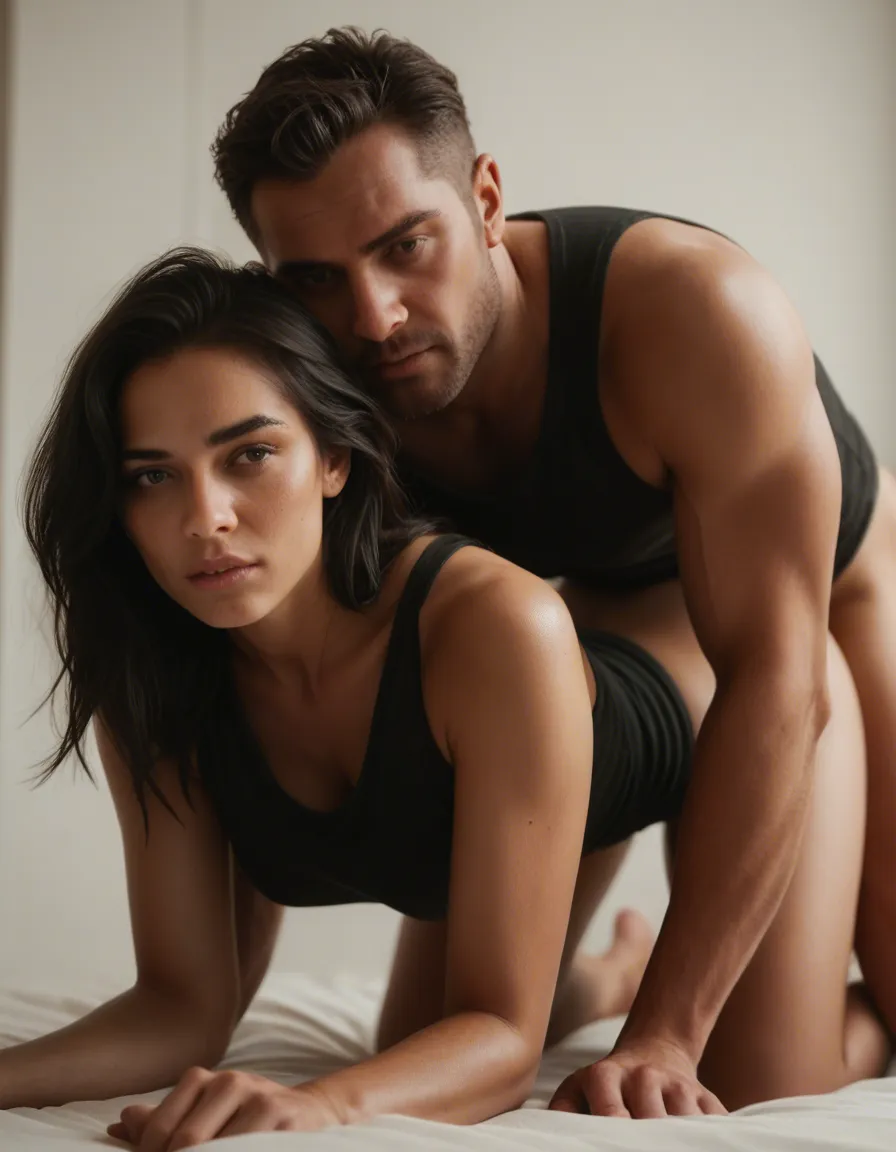 8k, sharp focus, detailed skin, couple, black hair, sleeveless, on all fours, cinematic realism, score_9, score_8, candid photo, realistic skin texture, visible skin pores, film grain, depth of field
