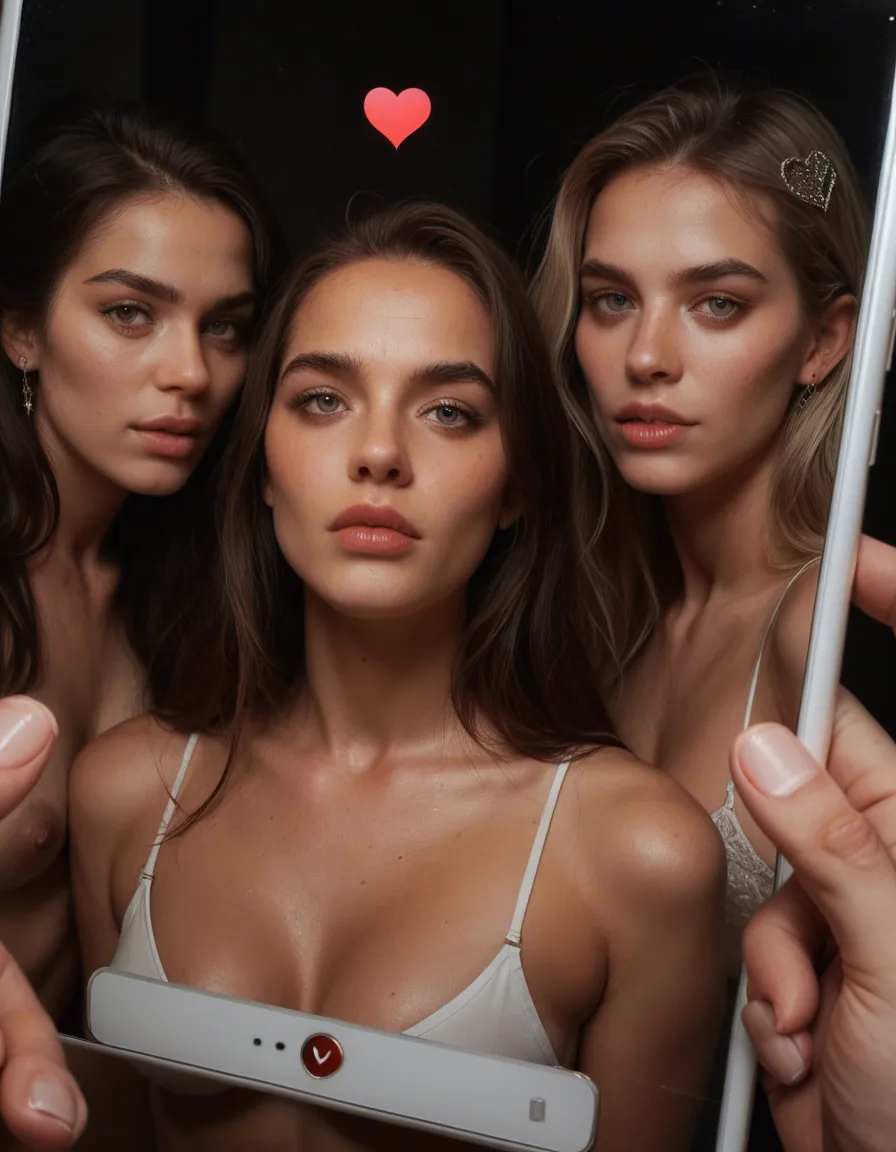 8k, sharp focus, detailed skin, 4girls, hair ornament, heart, bondage, 8k uhd photo, score_9, score_8, amateur photo, phone snapshot, realistic skin texture, skin blemishes, soft indoor lighting