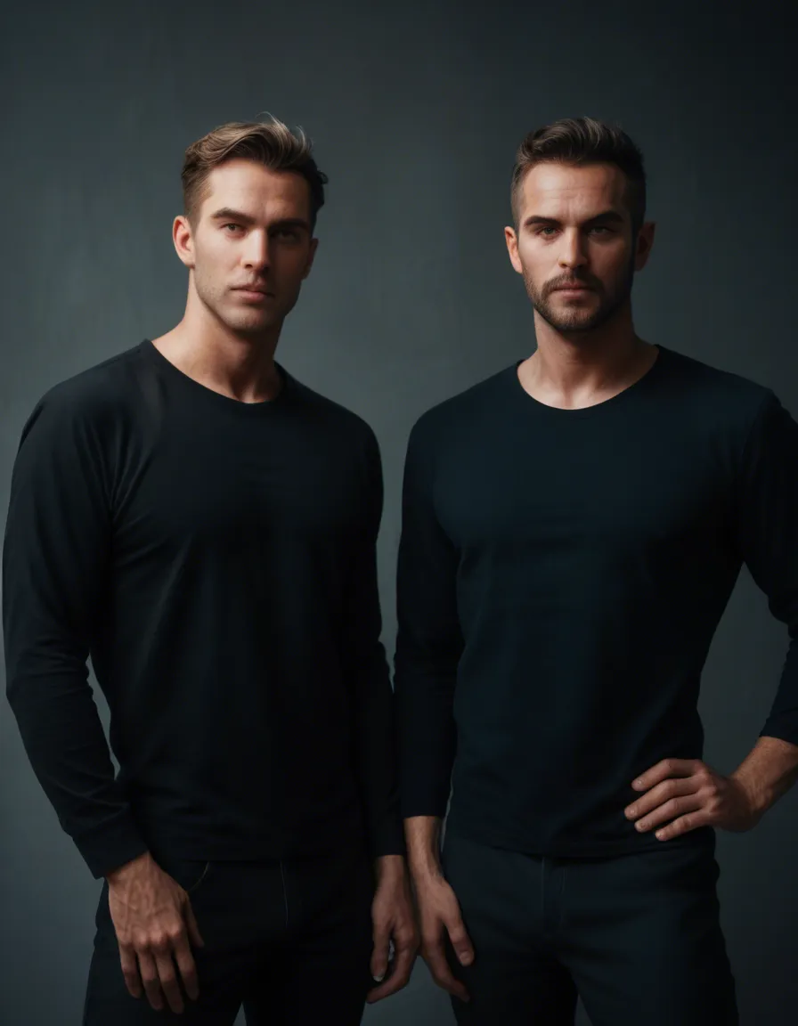 best quality, hyperrealistic, 2boys, hand on own hip, long sleeves, presenting, dutch angle, score_9, score_8, candid photo, realistic skin texture, visible skin pores, film grain, depth of field