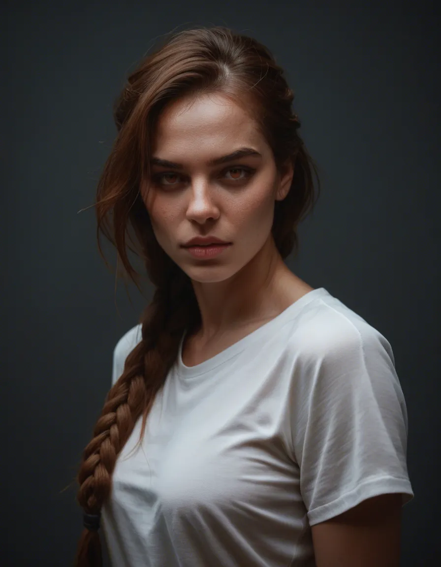 ultra HD, lifelike, demon girl, braid, white shirt, presenting, hyperrealistic, score_9, score_8, candid photo, realistic skin texture, visible skin pores, film grain, depth of field