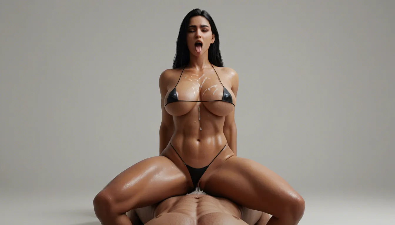 front, busty athletic woman huge breast riding cowgirl pussy cum on breasts and pussy lean over small weak man kissing with tongue, shiny black micro bikini long black hair fringe hairstyle high ponytail vampire teeth evil smile almond red eyes, big blue shoulder tattoos blue arm tattoos, dark library