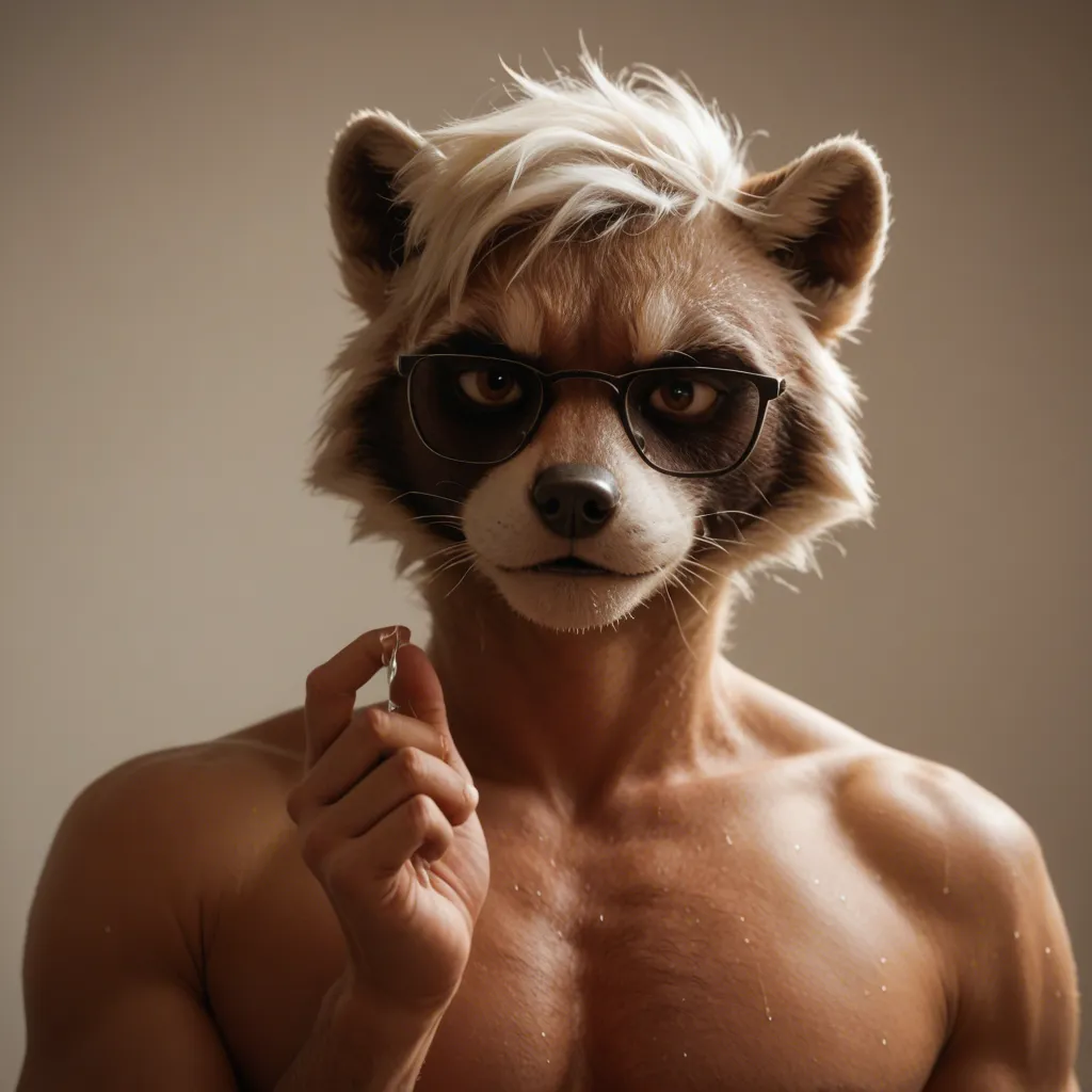 Anthro raccoon with white hair and glasses, plump body covered in sweat and precum. He gently moves his hand up and down his hard glossy cock, hips slightly rocking, heavy breathing, droplets running down his soft belly and thick thighs. Soft dramatic lighting, detailed wet fur, smooth erotic animation, furry