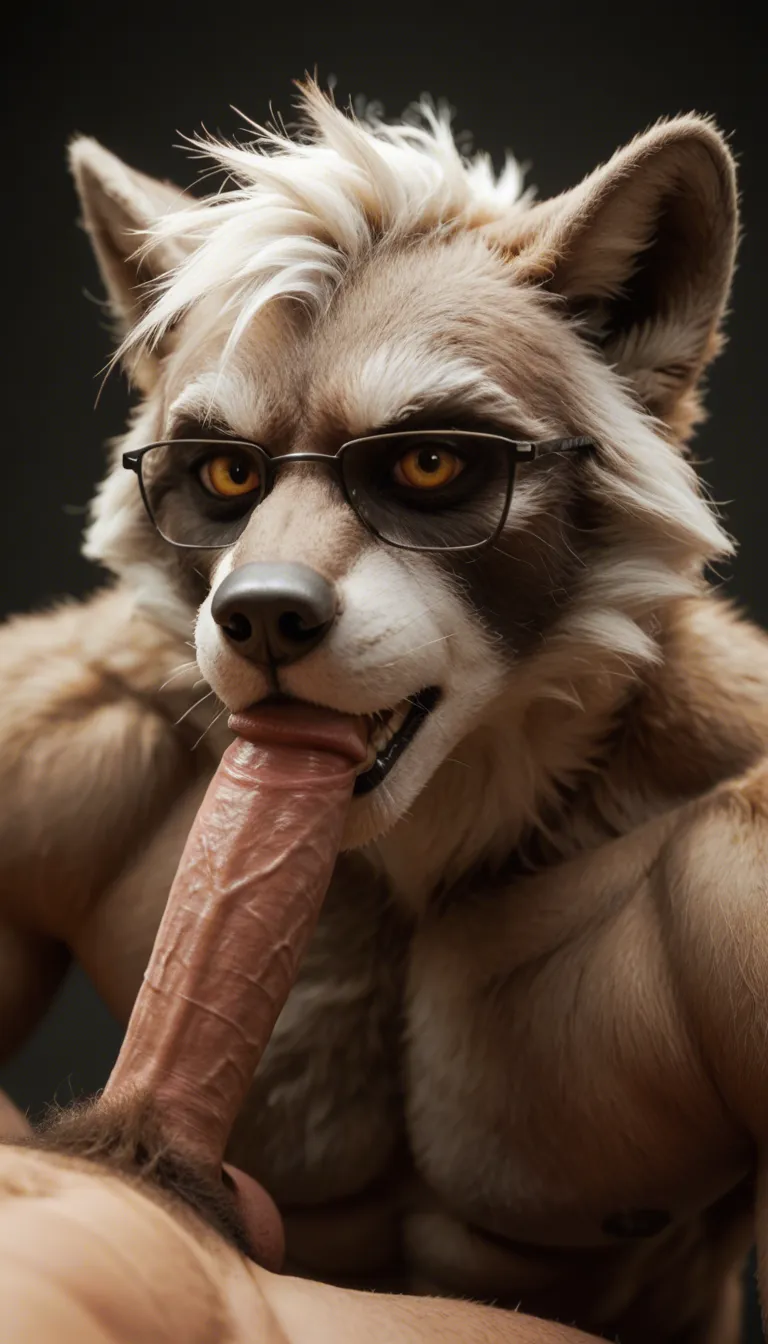 fluffy anthro raccoon male with white hair, yellow eyes and glasses sucking big wolf penis, best quality, furry, anthro, male, gay
