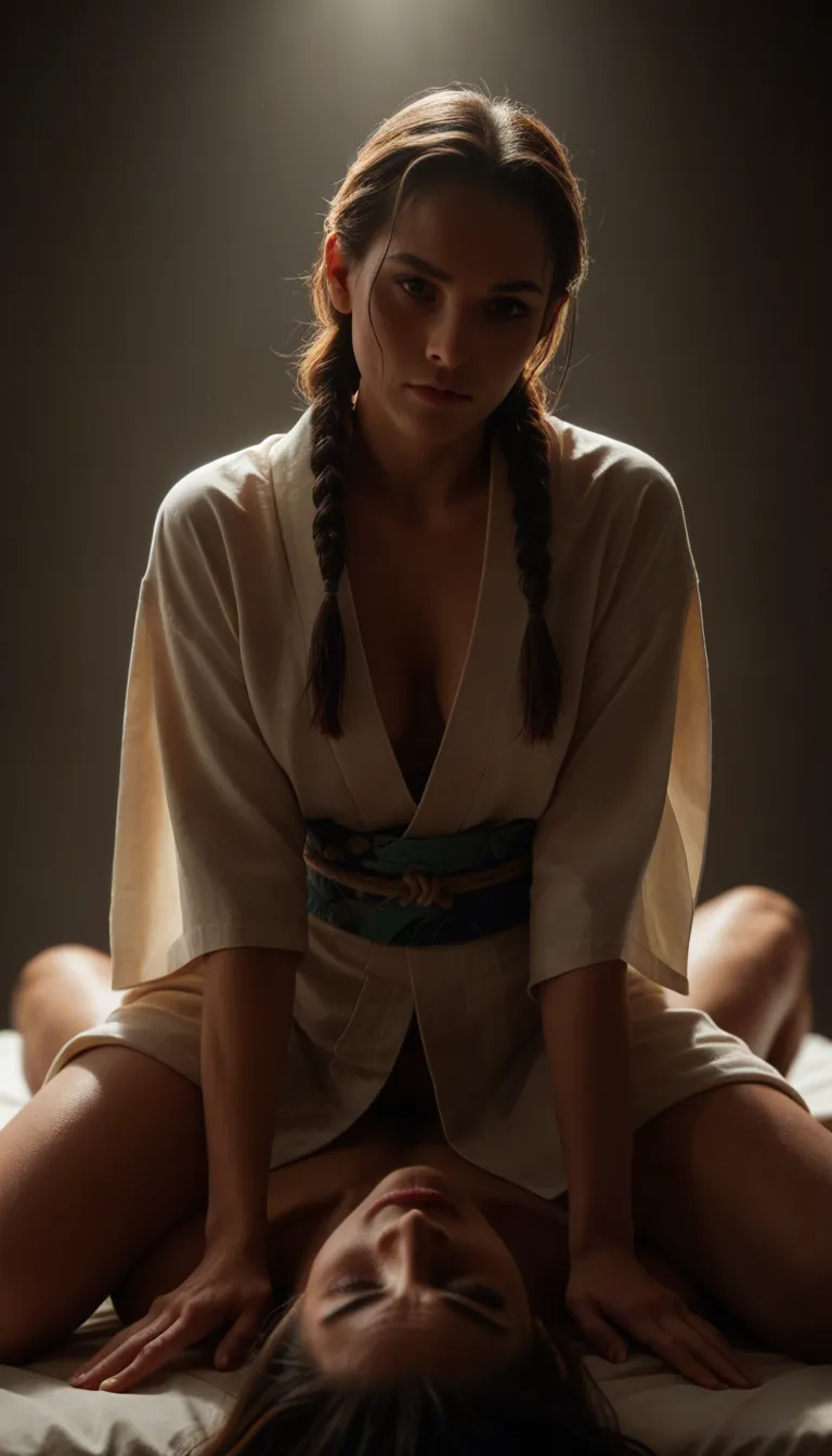 studio quality, sharp focus, multiple women, twin braids, japanese clothes, 69 position, dramatic lighting, hyperrealistic