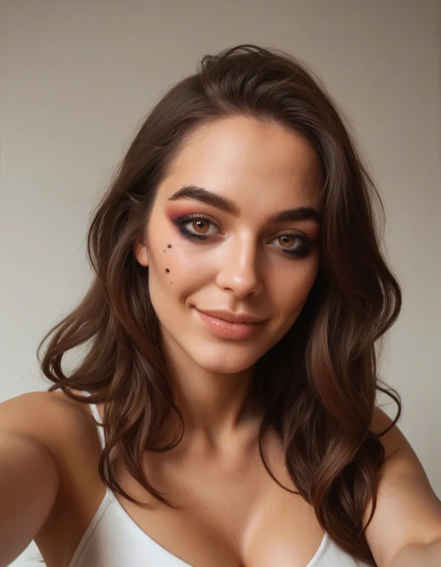 Photorealistic single-person front-camera phone selfie, one fictional adult woman only, Alara age 29, long voluminous wavy dark brown hair with soft bronze highlights, warm brown eyes, groomed brows, soft glam makeup, full dusty-rose mauve lips, slight confident smile, fair-olive warm tan skin, messy bedroom and one warm lamp, arm's-length selfie, shirt fully open, tasteful chest-up framing, slight wide-angle distortion, candid intimate boyfriend phone photo, visible pores, flyaway hairs, sensor noise and grain, mild compression, natural skin, one woman only, no other person, no duplicate, no mirror, no watermark, score_9, score_8, candid photo, realistic skin texture, visible skin pores, film grain, depth of field