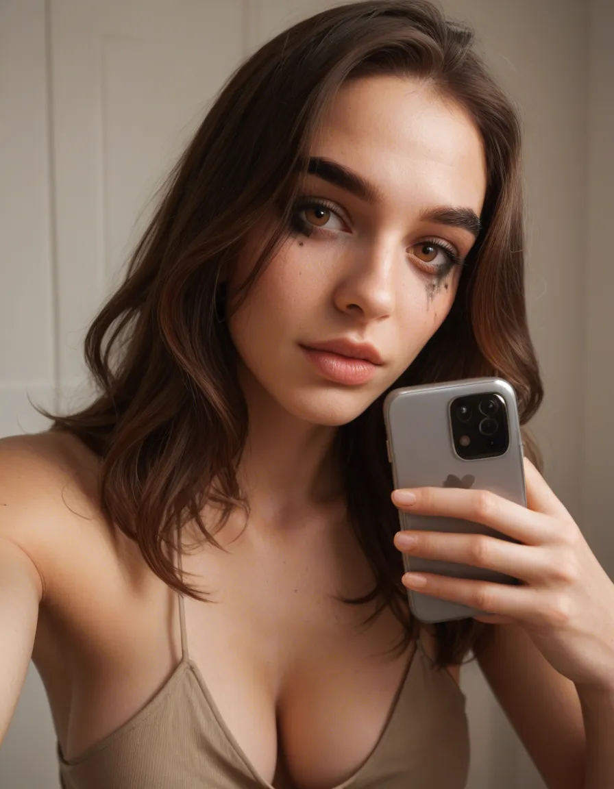 Ultra-realistic front-camera phone selfie of the same fictional adult woman Alara age 29, one woman only, same face identity: long voluminous wavy dark brown hair with soft bronze highlights, warm brown eyes, groomed brows, soft glam makeup, full dusty-rose mauve lips, slight confident smile, fair-olive warm tan skin, messy bedroom with one warm lamp, arm-length candid boyfriend selfie, shirt fully open over bare chest, tasteful chest-up framing, slight wide-angle distortion, visible pores, flyaway hairs, sensor grain, mild compression, natural imperfect skin, photorealistic, no other person, no duplicate, no mirror, no watermark, score_9, score_8, candid photo, realistic skin texture, visible skin pores, film grain, depth of field