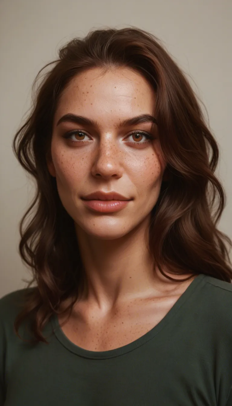 Fictional adult woman Alara, age 25, dark wavy messy chestnut-brown hair with flyaways, freckles across her nose and cheeks, a small beauty mark on her cheek, living natural skin with visible pores, hazel-brown eyes, full lips, bold confident smirk. Solo woman only. WIDER vertical portrait framing, waist-up to mid-thigh, subject fully visible with generous margins, not a tight face crop. She is seated in a streamer bedroom with purple LED strips, a glowing ring light, gaming setup and bed softly visible. Open white button-up shirt over a black lace bralette, more skin but fully non-explicit, tasteful pose, direct gaze, realistic candid webcam photo, photorealistic, high detail, no other people, no text, no watermark., score_9, score_8, candid photo, realistic skin texture, visible skin pores, film grain, depth of field