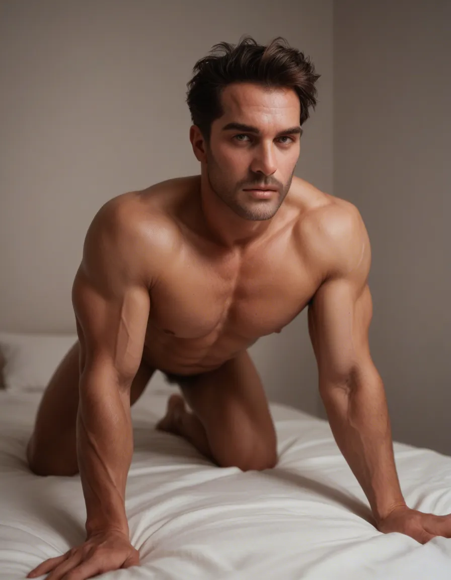 studio quality, sharp focus, maid, on all fours, muscular male, bed, photorealistic, score_9, score_8, candid photo, realistic skin texture, visible skin pores, film grain, depth of field